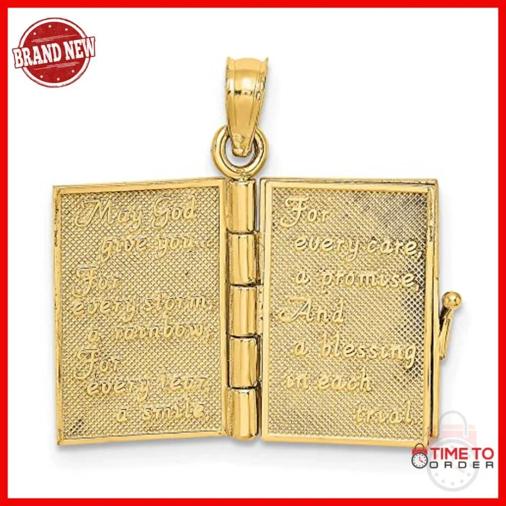 10k Yellow Gold Book Locket Pendant with Shamrock Charm, Religious Keepsake
